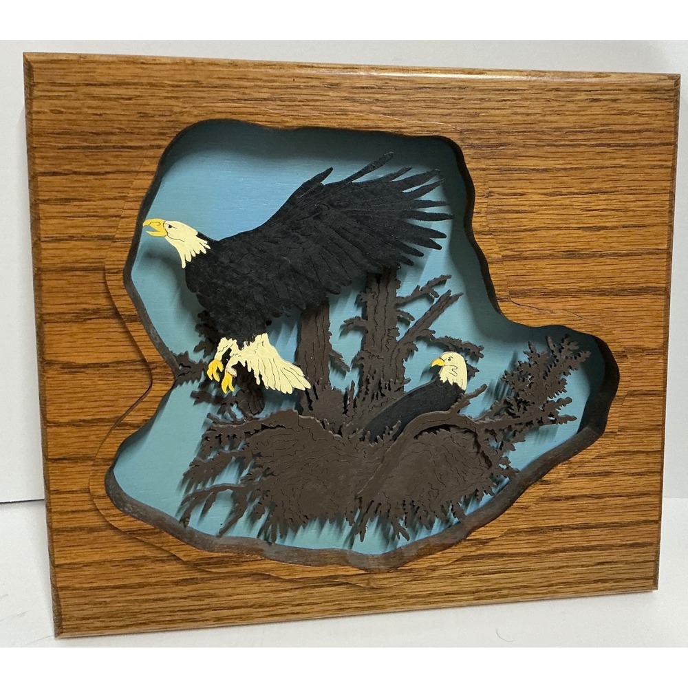 Handmade 3D Wood Intarsia Bald Eagle Nest Shadowbox Wall Art 2005 Dale Luehring